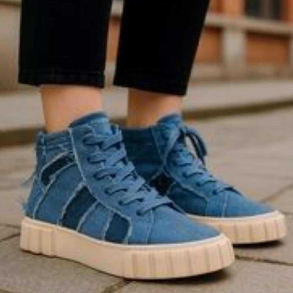 Farm Rio Blue Denim Patchwork High-Top Platform Sneakers Size 10 New‎